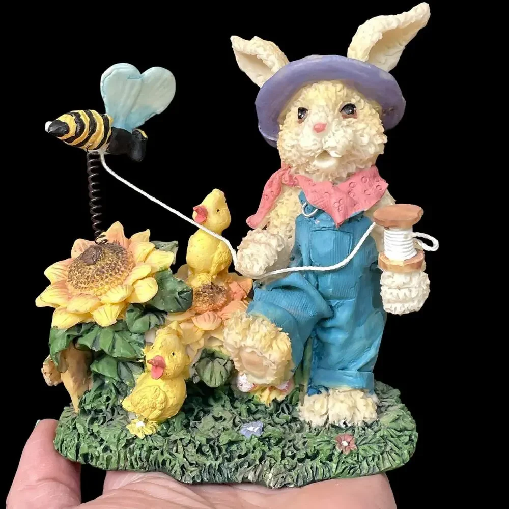 Resin Bunny Rabbit Pair with Bumblebee & Butterfly on Spring Vintage Decor